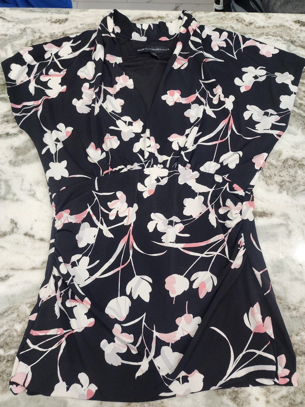 White House Black Market Floral V-Neck Blouse - Navy with Pink & White Flowers